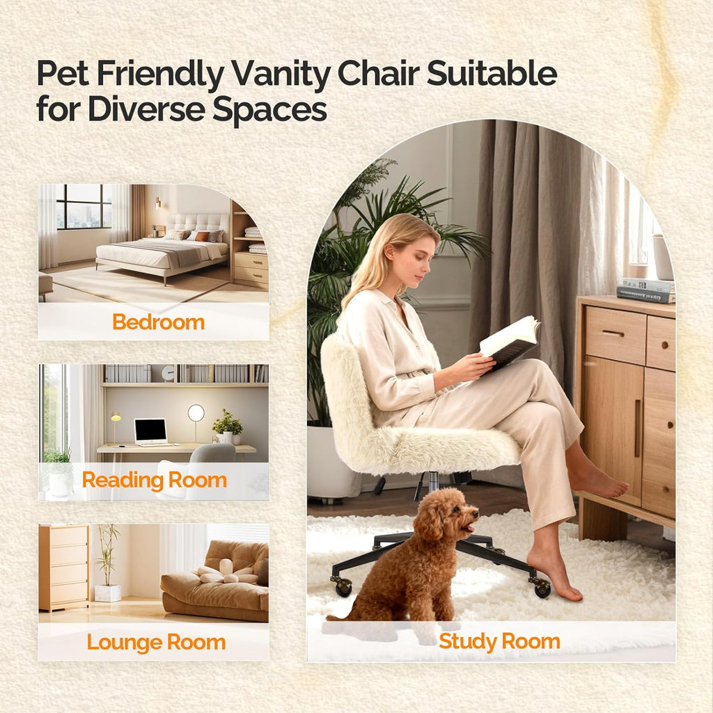 VINGLI Plush Upholstery Vanity Desk Chair with Curved Back & 90-102° Tilt &Adjustable Height, Cute Rolling Chair with Bronze Base & Golden-Bronze 360° Swivel Wheels for Makeup &Home Office,White Cream