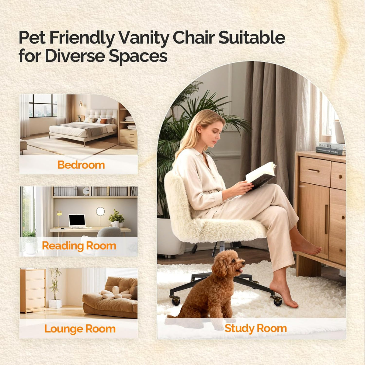VINGLI Plush Upholstery Vanity Desk Chair with Curved Back & 90-102° Tilt &Adjustable Height, Cute Rolling Chair with Bronze Base & Golden-Bronze 360° Swivel Wheels for Makeup &Home Office,White Cream