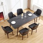 Swivel Dining Chairs Set of 6, Black Leather Dining Room Chairs | Mid Century Modern Upholstered Kitchen Vanity Accent Chair, Walnut Backrest Support with Arm ,Sturdy Wood Leg(Black,Set of 6)