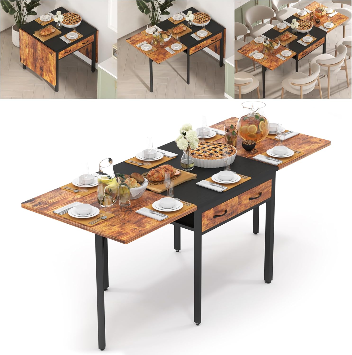 Folding Dining Table,Dining Room Table with Drawers,Industrial Extendable Table for 6-8 People,for Dining Room,Living Room,Restaurant,Saving Space