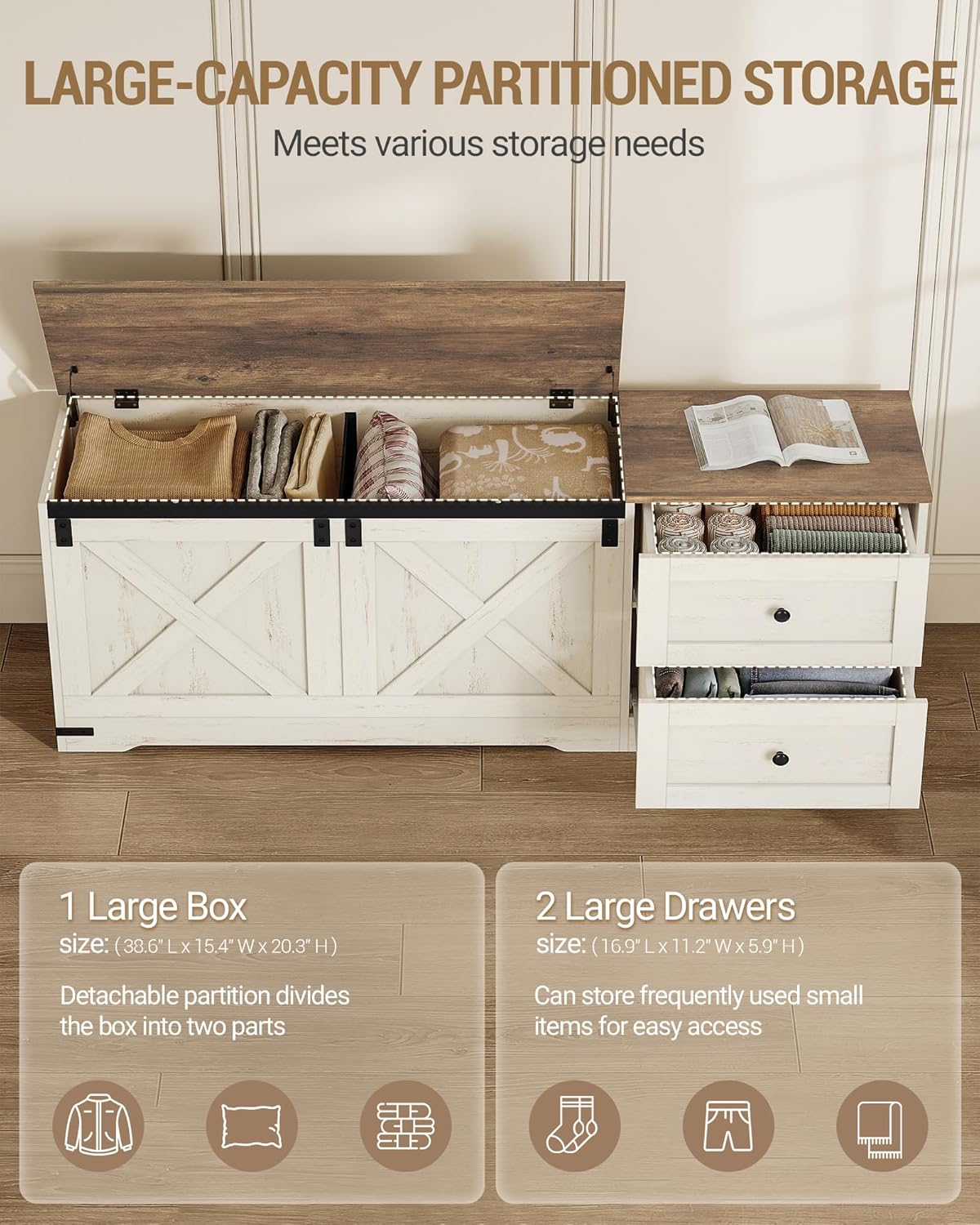 Hzuaneri Storage Chest, 58" Extra Large Storage Bench with Double Drawers, Farmhouse Style Wooden Chest Bench with Barn Door, Large Trunk for Living Room, Bedroom, or Entryway, Antique White SB15114X