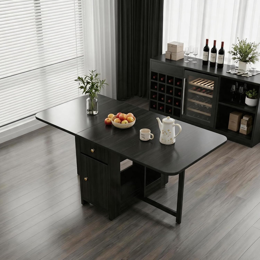 Small Foldable Dining Table - 59" Fully Assembled Drop Leaf Tables for Small Spaces with Storage & Lockable Wheels, 4-6 Seater Space-Saving Furniture for Dining Room, Black