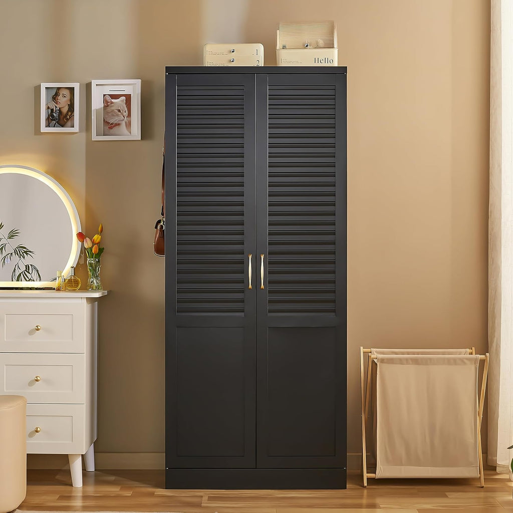 71" Tall Metal Wardrobe Closet with Hanging Rod, Adjustable Shelves | Extra Closet Space,Organized Clothing Storage,Louvered Doors