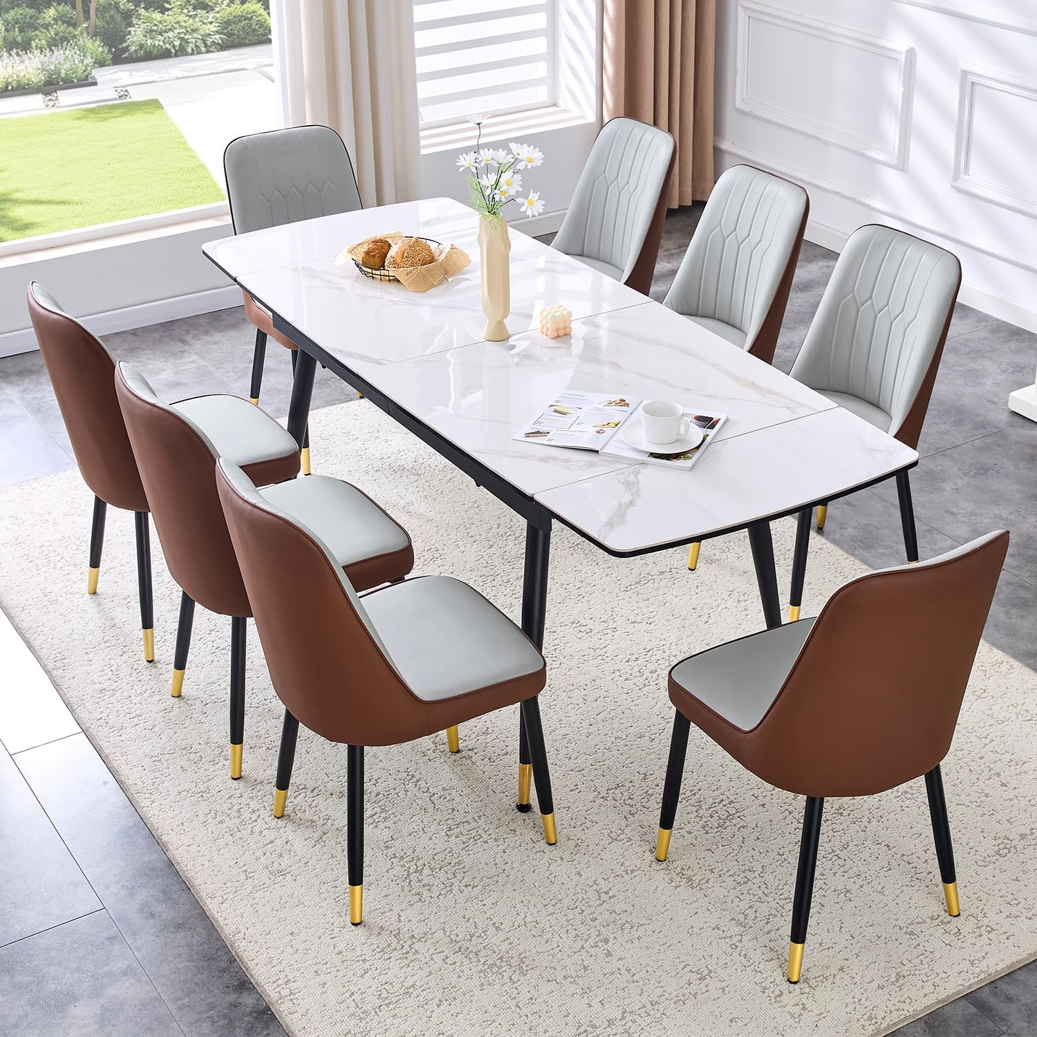 55In-79In Expandable Dining Table Set for 8, Modern Thickened Sintered Stone Dining Room Table with 8 Grey Chairs Rectangular Space Saving Expanding Kitchen Table