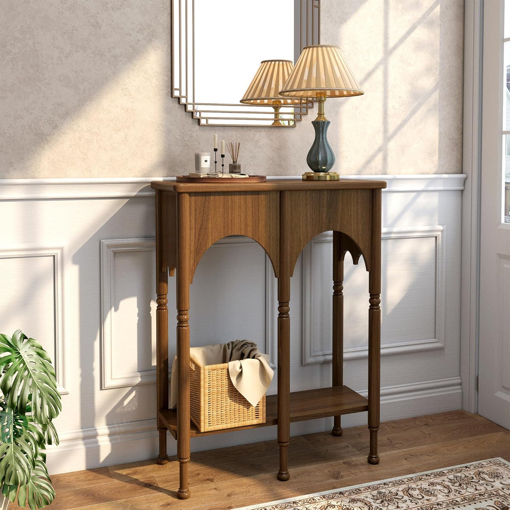 Console Table with Storage Shelf, 28" Retro 2-Tier Entryway Table, Wooden Sofa Table with Roman-Style Legs for Living Room, Hallway, Brown