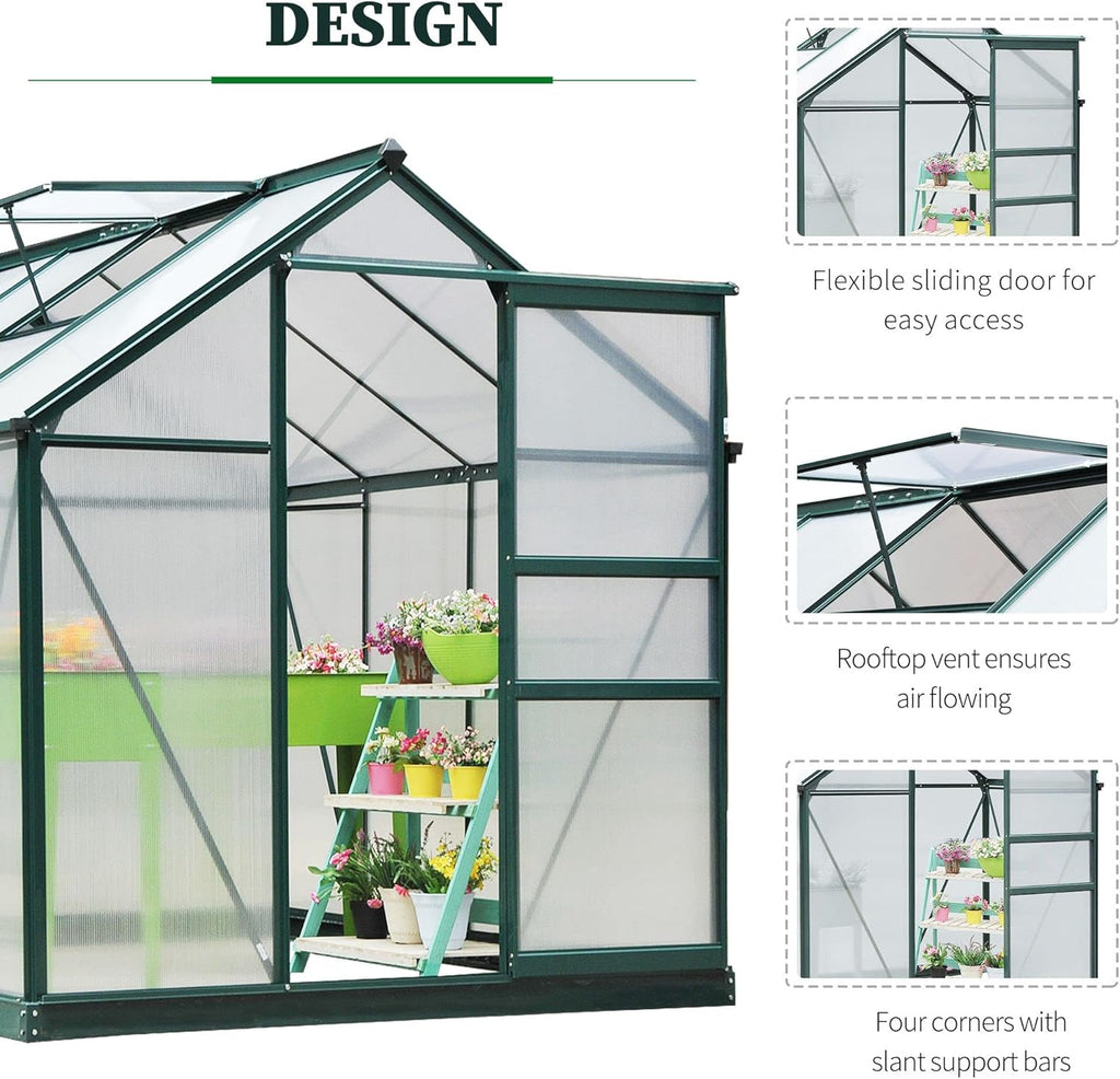 Outsunny 6' x 8' Greenhouse for Outdoors, Polycarbonate Greenhouse with Rain Gutter and Roof Vent, Aluminum Walk-in Green Houses for Outside for Patio Backyard Garden, Dark Green