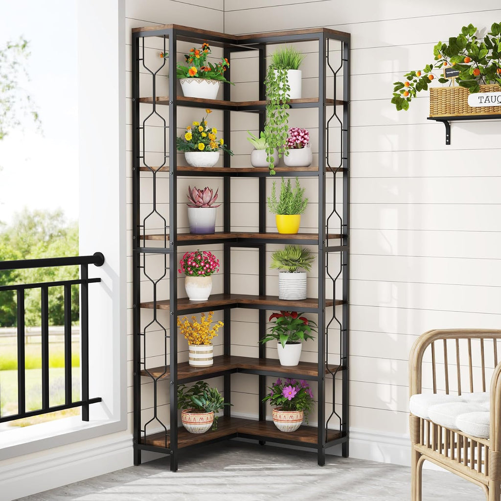 Tribesigns Corner Shelf, 7-Tier Industrial Corner Bookshelf and Bookcase | Freestanding Display Shelf for Living Room, Wood and Metal Corner Book Shelves, Corner Bookcase for Home Office, Rustic Brown