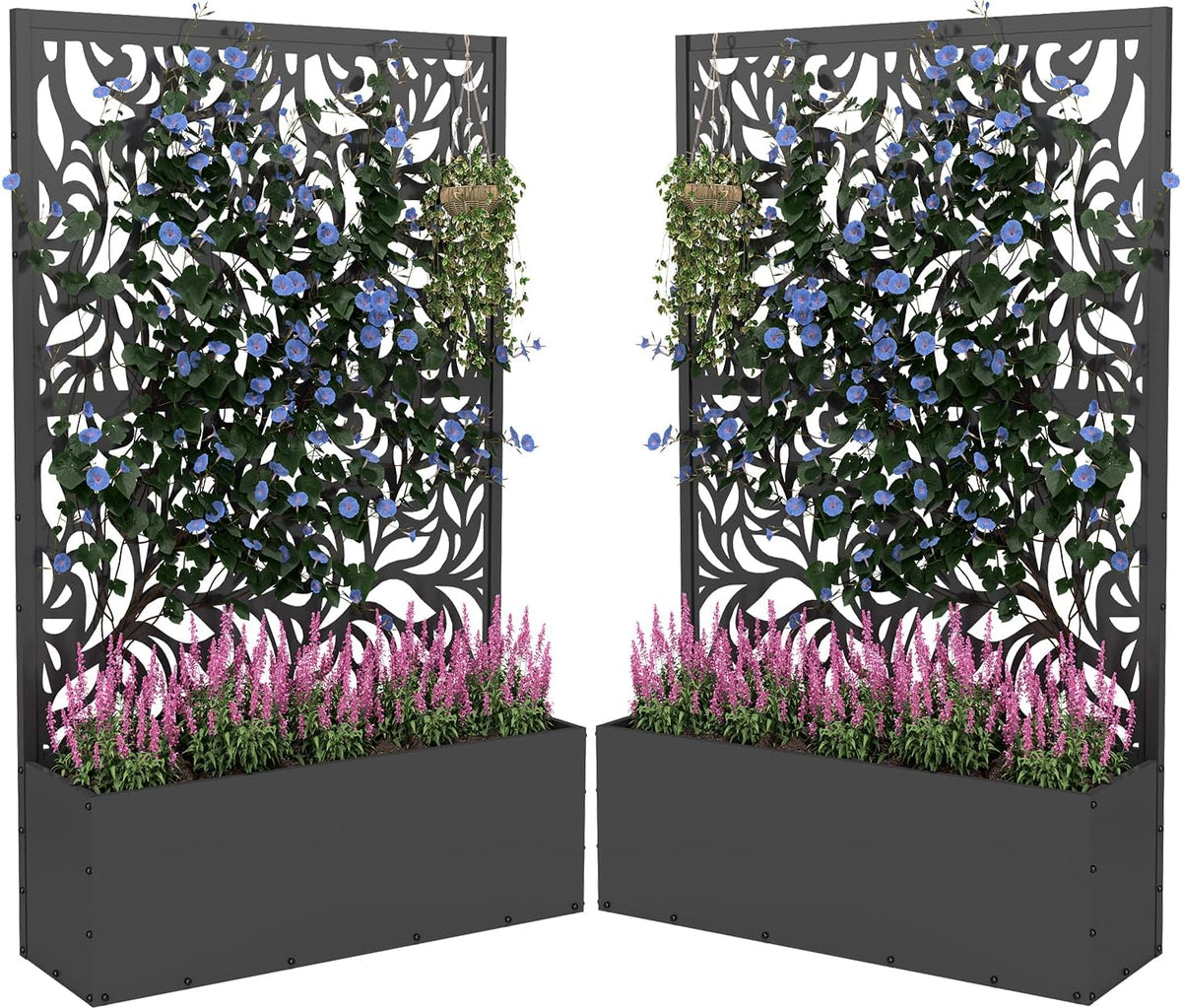 2PCS Metal Planter Box with Trellis,70.9"x47.2"x15.7" Raised Garden Bed with Drainage Holes, Privacy Planters for Outdoor Garden Bed for Climbing Plants,Vegetables,and Vines, Black-Flower