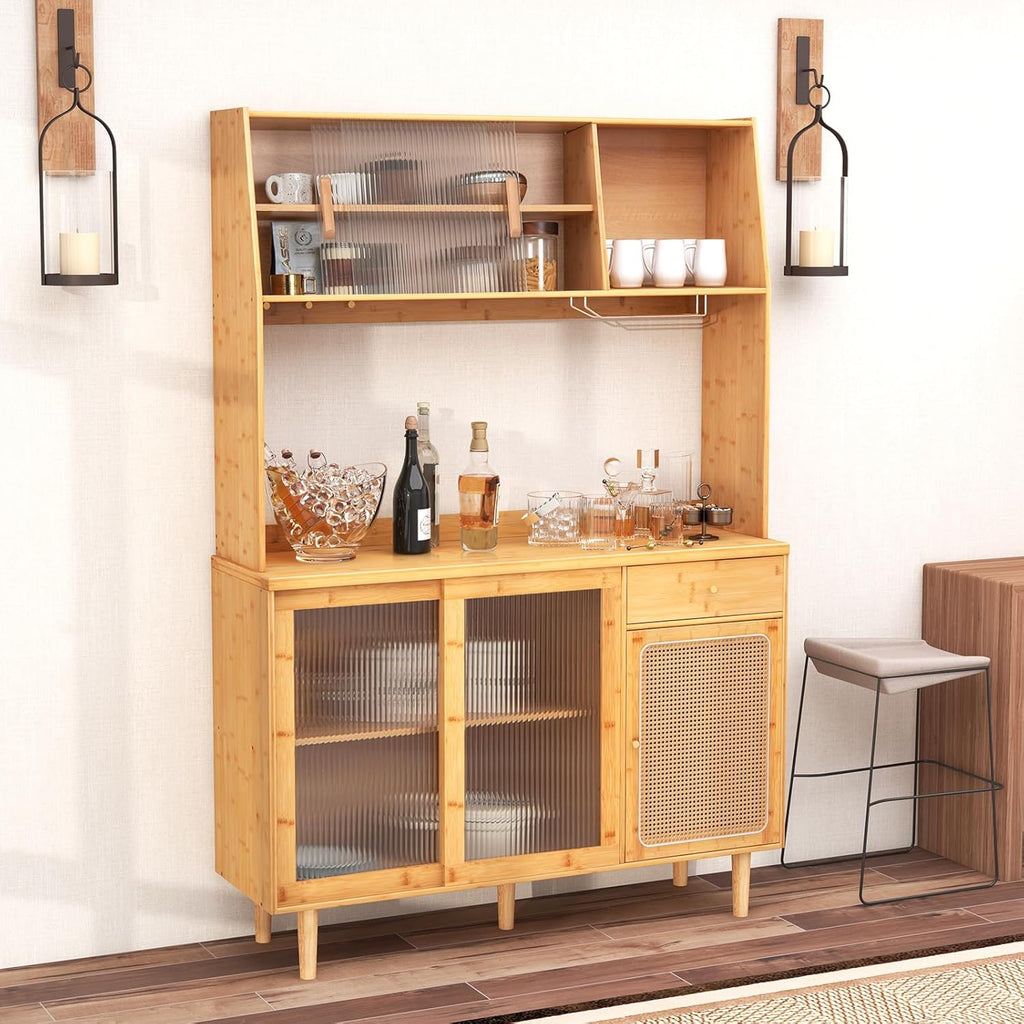 67" Tall Kitchen Pantry Storage Cabinet, Bamboo Hutch Cabinet with Microwave Shelf, Drawer, Tempered Glass/Rattan Doors, Wine Glass Holder, Freestanding Buffet Cupboard for Dining Room