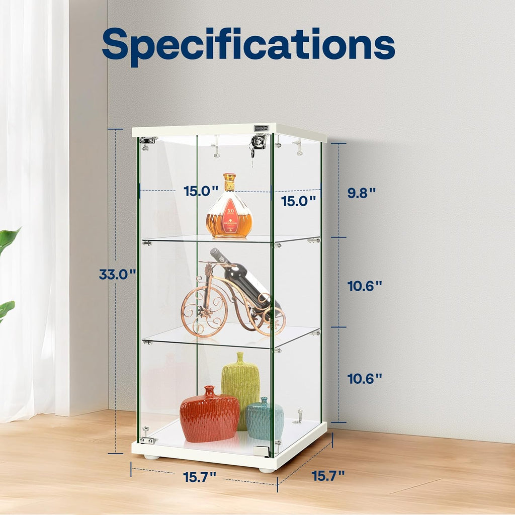 VIVOHOME 3 Layers 16''W x 16''D x 33''H Glass Display Cabinet Showcase Countertop with Lock, 4mm Tempered Glass 25mm MDF Base