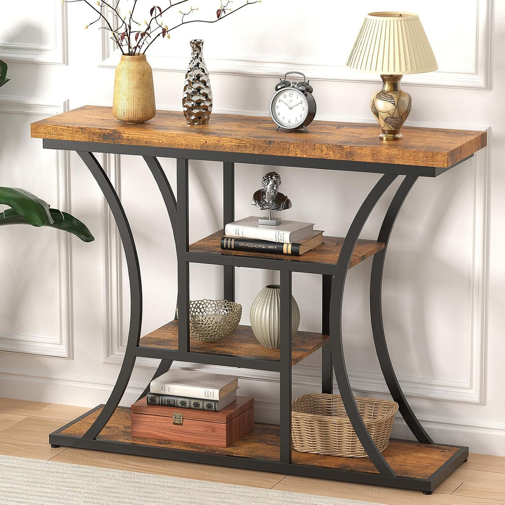 41.3'' Industrial Sofa Table with 4 Tier Storage Shelves, Narrow Long Console Table Entryway Table with Curved Metal Frame, Rustic Wood Accent Table for Hallway, Foyer, Rustic Brown