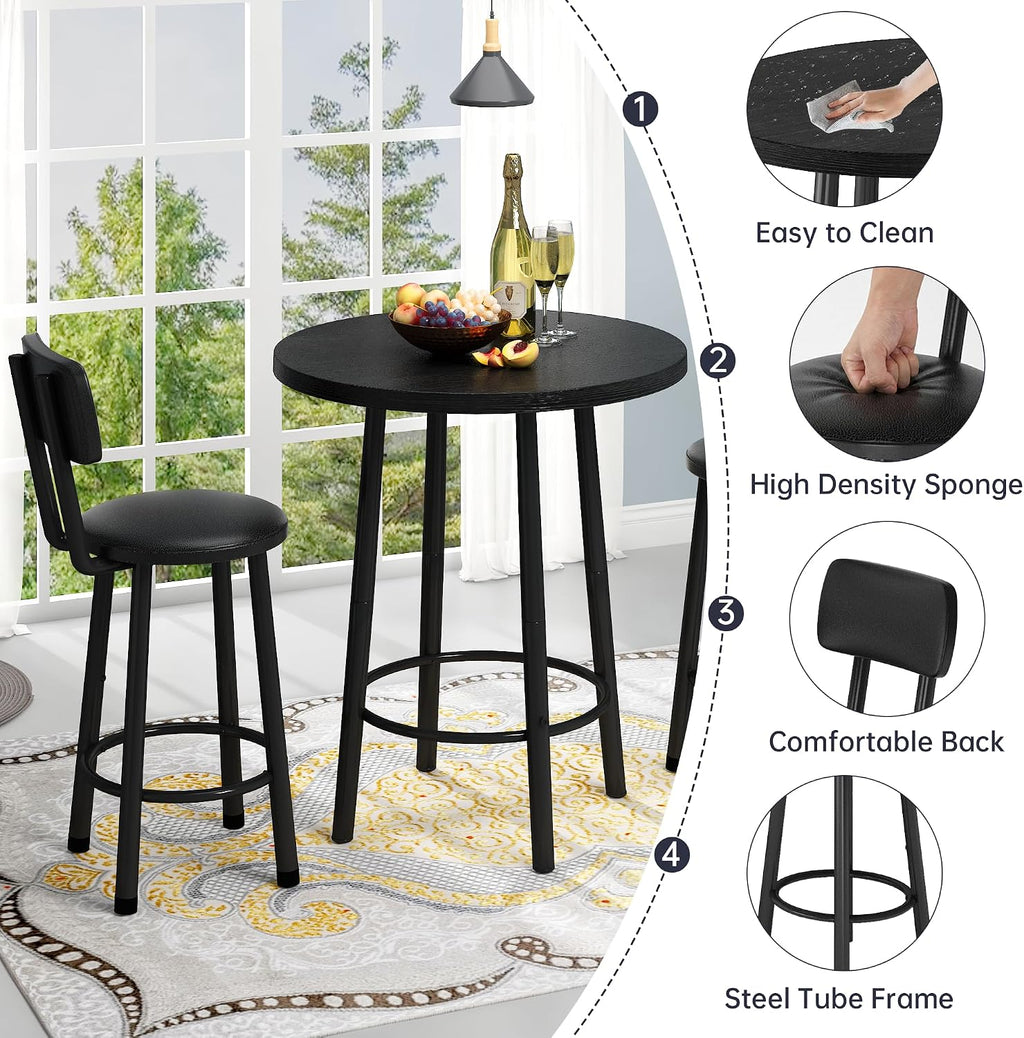 Recaceik 3‑Piece Pub Dining Set, Counter Height Modern Round Bar Table with Wood Top, Pub Table and Stools for 2, Easy Assemble Bistro Set for Breakfast Nook, Living Room, Small Space Restaurant