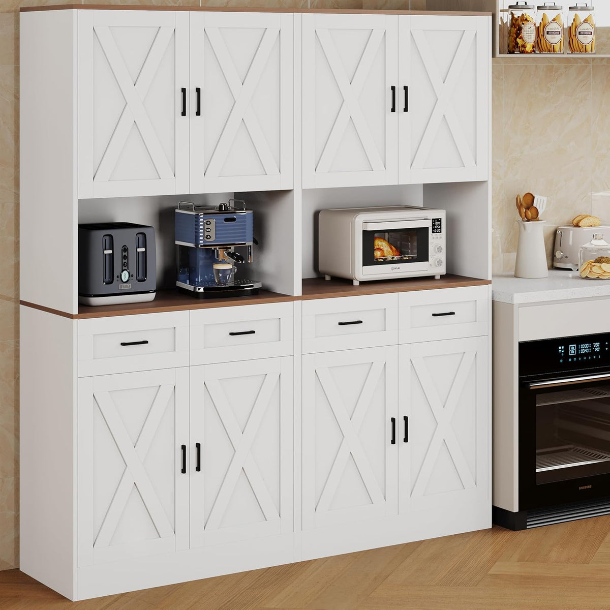 71" Tall Farmhouse Kitchen Pantry Cabinet , Storage Freestanding Cupboard, Modern Kitchen Hutch Bar Cabinet with Microwave Stand, Wood Buffet Sideboard with Drawers Shelves for Dining Room-White