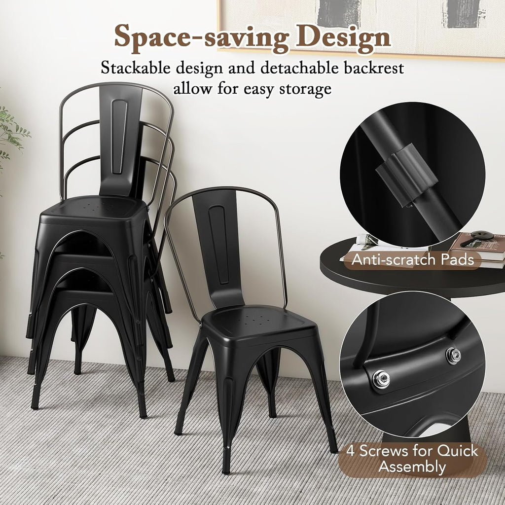 Giantex Metal Dining Chairs Set of 4, Farmhouse Kitchen Chairs with Removable Backrest, Space-Saving Stackable Bistro Cafe Side Chairs for Dining Room, Living Room, Restaurant (Black)