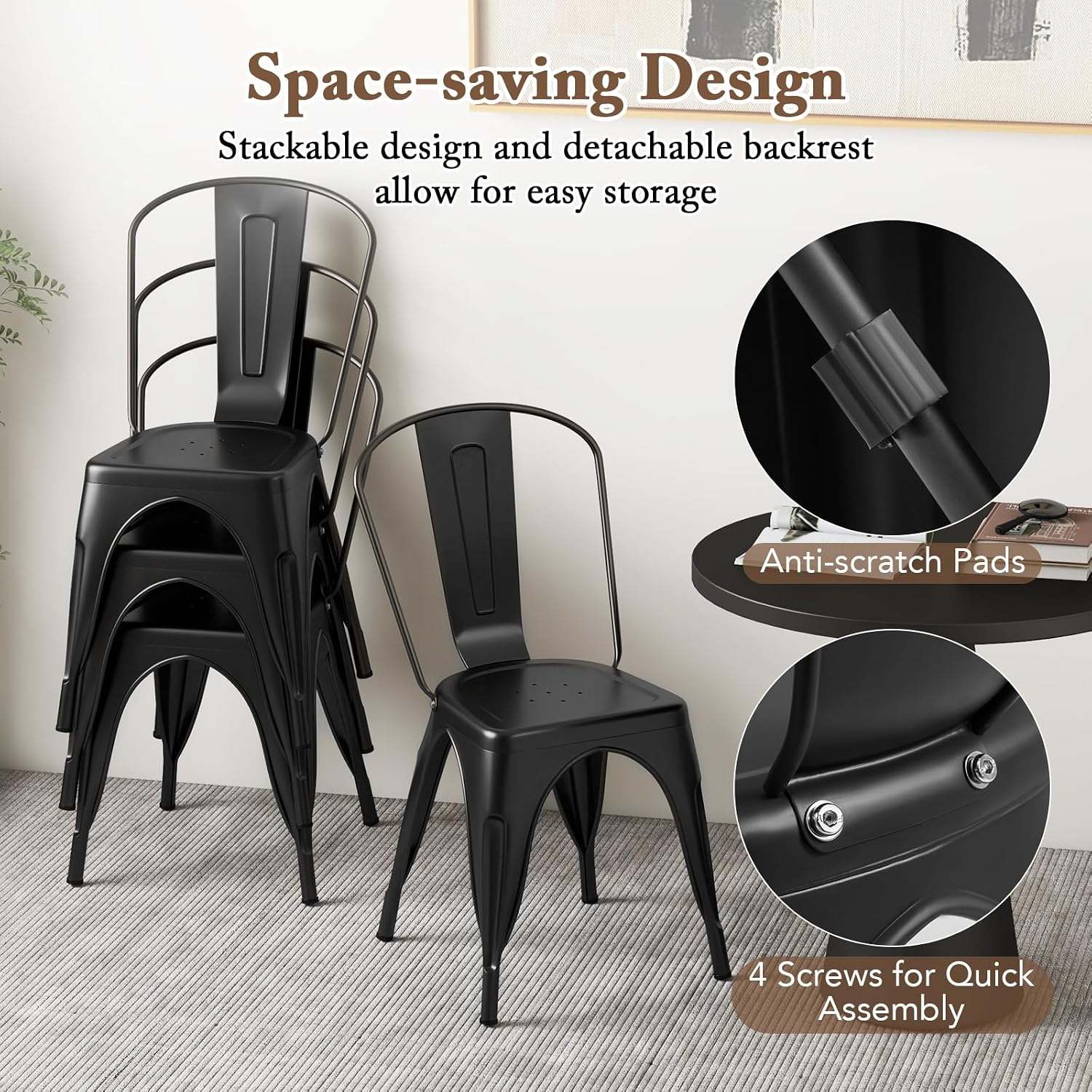 Giantex Metal Dining Chairs Set of 4, Farmhouse Kitchen Chairs with Removable Backrest, Space-Saving Stackable Bistro Cafe Side Chairs for Dining Room, Living Room, Restaurant (Black)