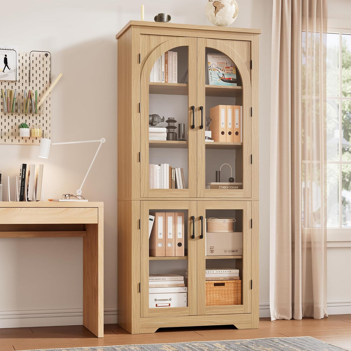 GarveeHome Kitchen Pantry Cabinet - 70" Tall Storage Cabinet with 4 Arched Glass Doors and Adjustable Shelves, Cupboard Organizers for Kitchen, Dining Room, Bathroom, Natural