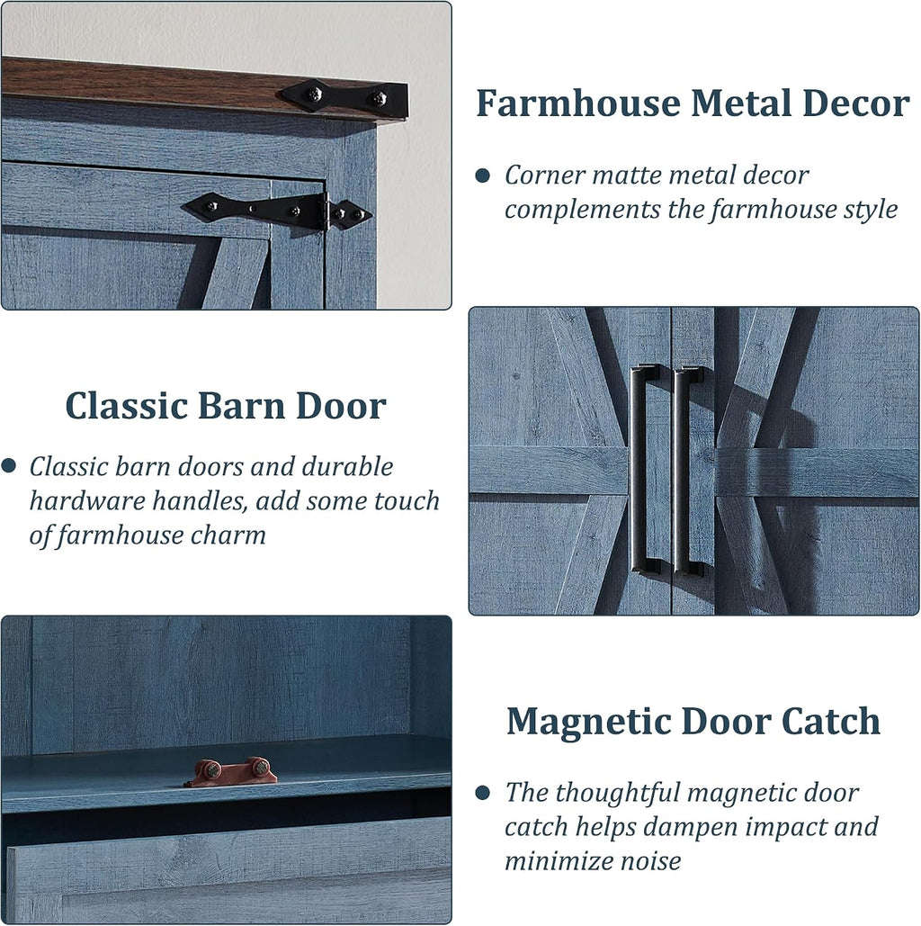 JXQTLINGMU Farmhouse Kitchen Pantry Cabinet - 72" Tall Wood Kitchen Storage Cabinets with Adjustable Shelves & 2 Barn Doors & Drawer, Versatile Storage for Dining Room, Bathroom, Rustic Blue