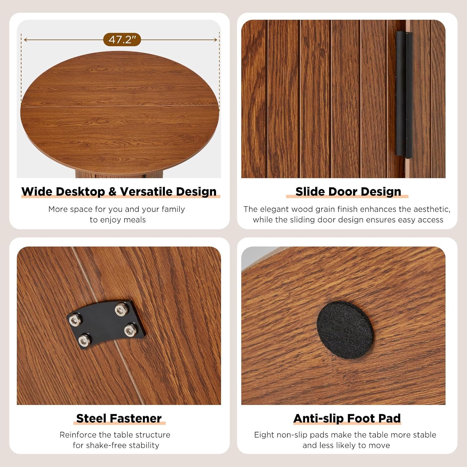 AVAWING 47-inch Round Dining Table for 4-6, Circle Fluted Kitchen Table with 2-Layer Storage Shelf and Wood Slide Door, Mid-Century Modern Fluted Design Wooden Dining Desk for Dining Room, Brown