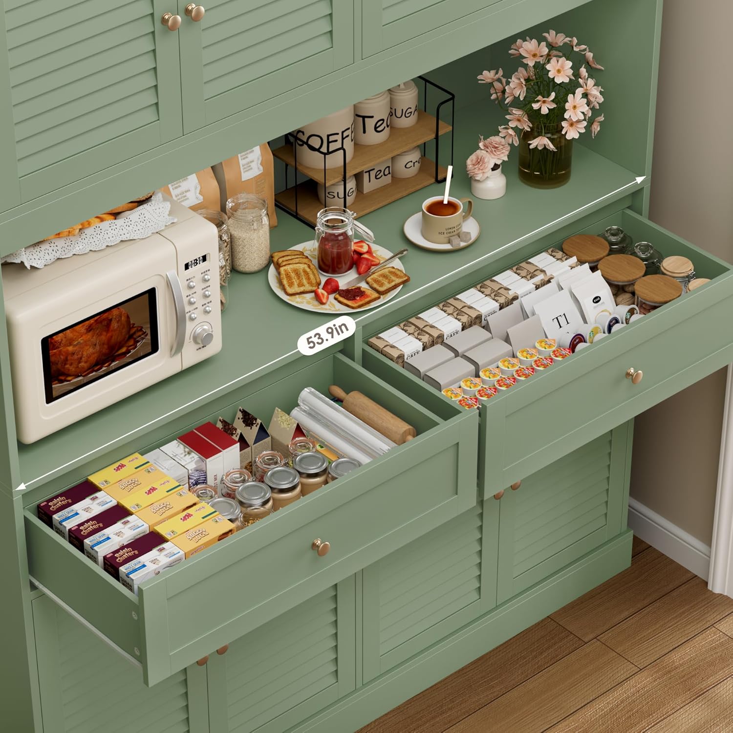 HIFIT 71“HX55“W Large Pantry Cabinet for Food Storage, Farmhouse Kitchen Hutch with Storage Drawers, Tall Kitchen Pantry Cabinet with Microwave Stand for Dining Living Room, Green