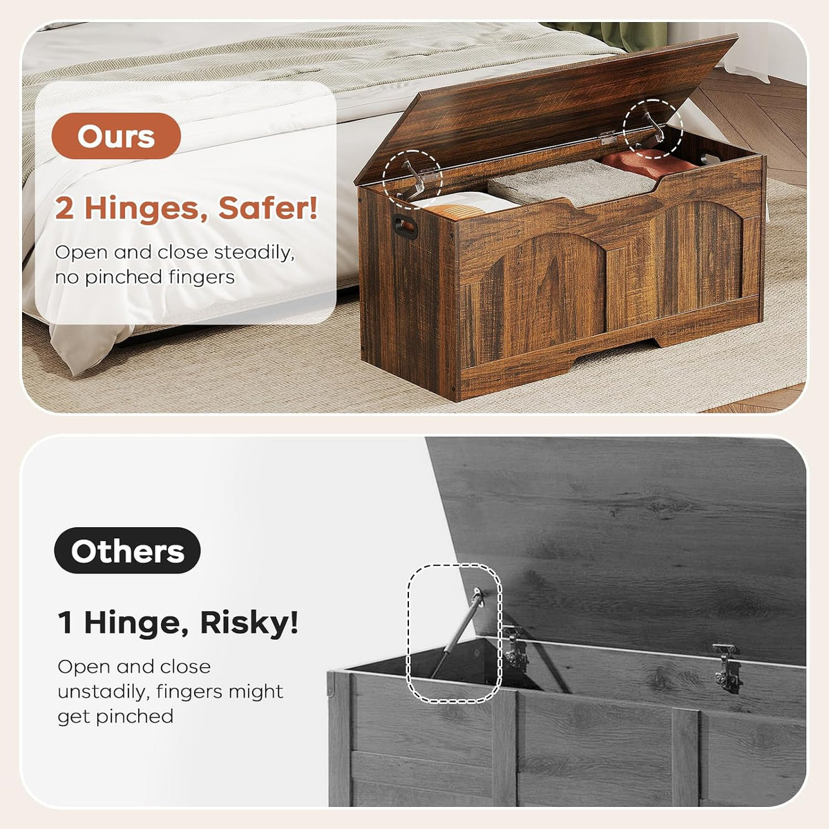 oakvivo Storage Chest, 31.5" Storage Bench with 2 Safety Hinges, Farmhouse Style, 31.5 x 15.7 x 18.3 Inches, U-Shaped Opening for Entryway, Bedroom, Living Room, Supports 330 lb, Rustic Brown