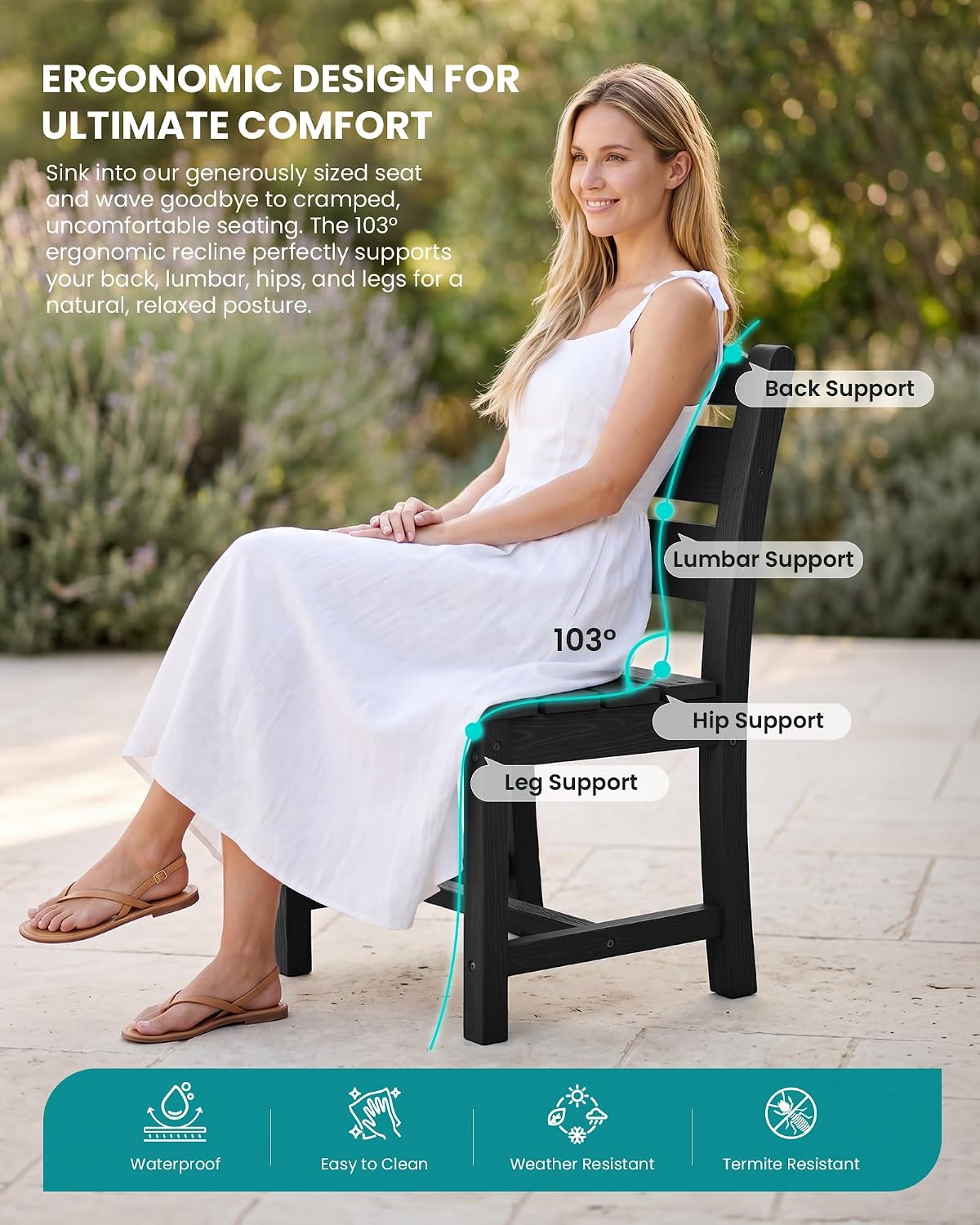 SERWALL HDPE Dining Set for 6: 1 Umbrella Hole Table, 4 Armless + 2 Armchairs. Includes 6 Plastic Woven Placemats – Heat-Resistant, Non-Slip & Easy to Clean. for Patio, Garden, Backyard. Black