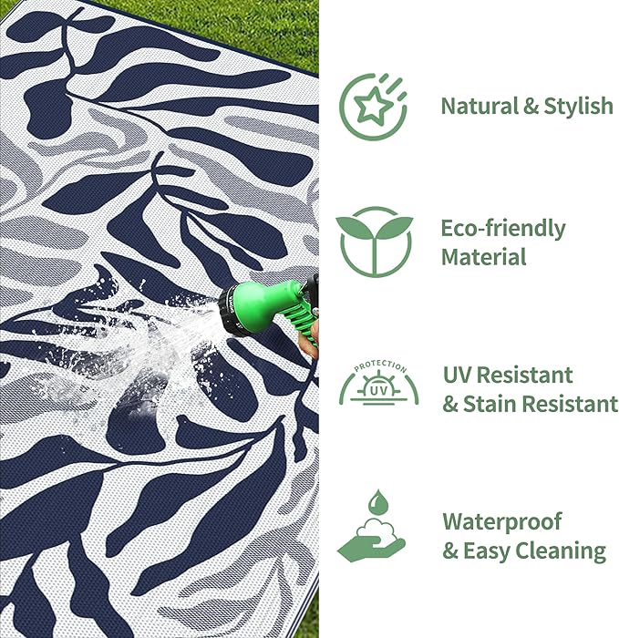 GENIMO Outdoor Rug 6' x 9' Waterproof for Patio Clearance, Reversible Plastic Straw Camping Carpet, Lightweight Rugs Mats for Rv, Backyard, Deck, Porch, Picnic, Beach, Balcony, Blue & White