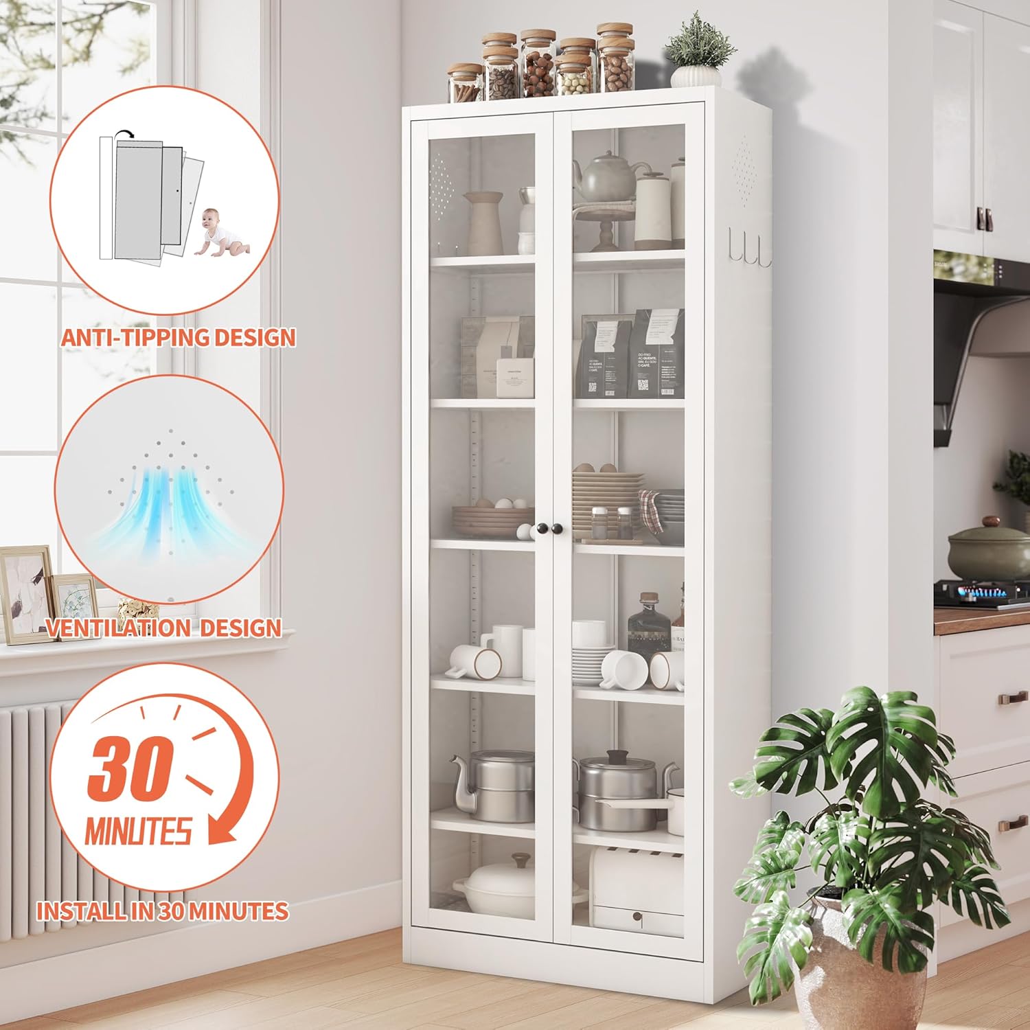 IKIMI 72" Metal Storage Cabinets with Glass Doors and 5 Shelves,White Kitchen Pantry Cabinet,Freestanding Steel Cupboard Display Cabinets for Kitchen,Living,Dining Room,Bathroom,Assembly Required