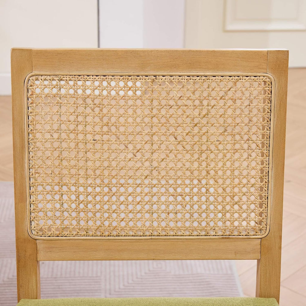 OVENTA Dining Chairs Set of 4, Rattan Back Upholstered Kitchen Chairs, Solid Rubberwood Frame, Boho Mid Century Dining Room Chairs, Brown Rattan
