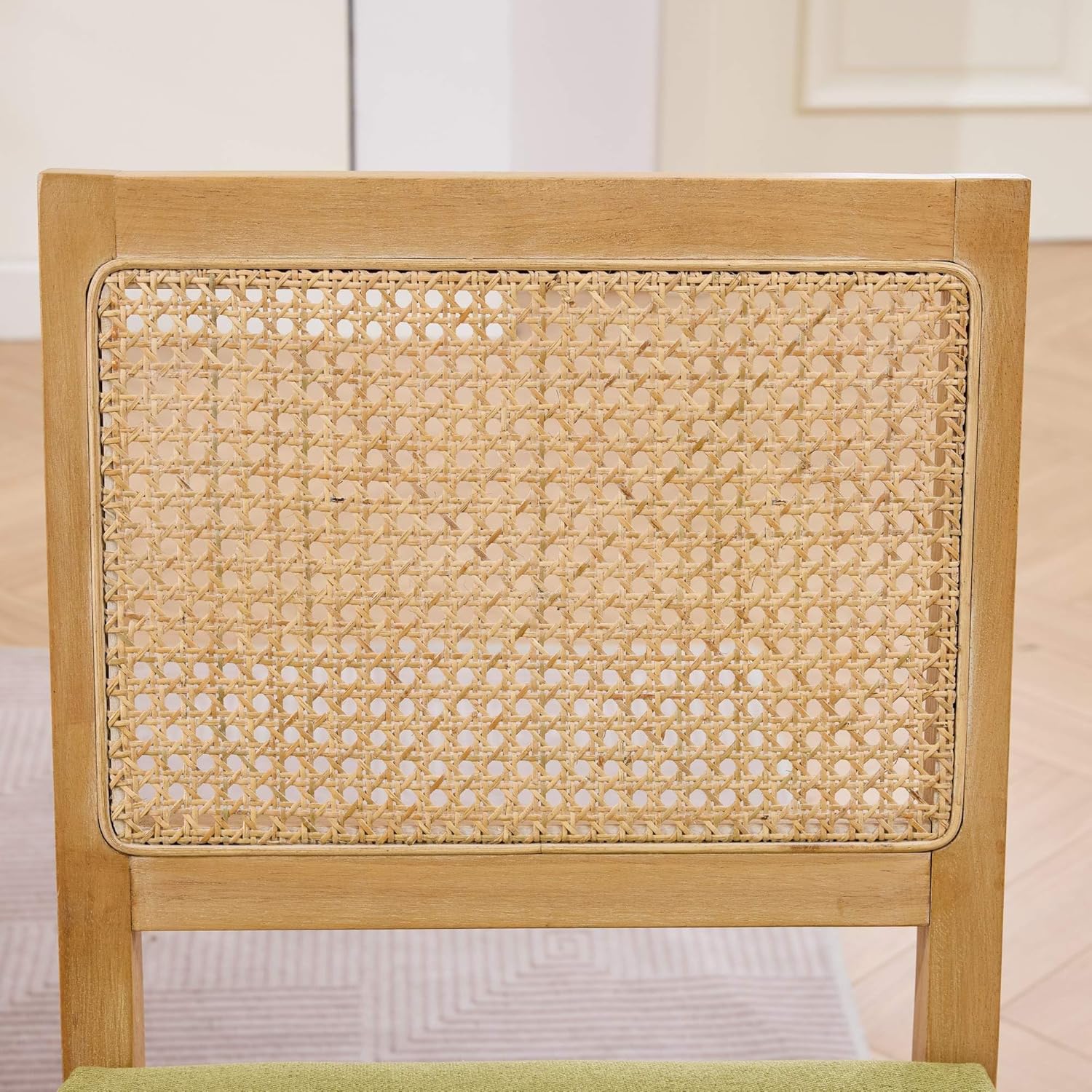 OVENTA Dining Chairs Set of 4, Rattan Back Upholstered Kitchen Chairs, Solid Rubberwood Frame, Boho Mid Century Dining Room Chairs, Brown Rattan