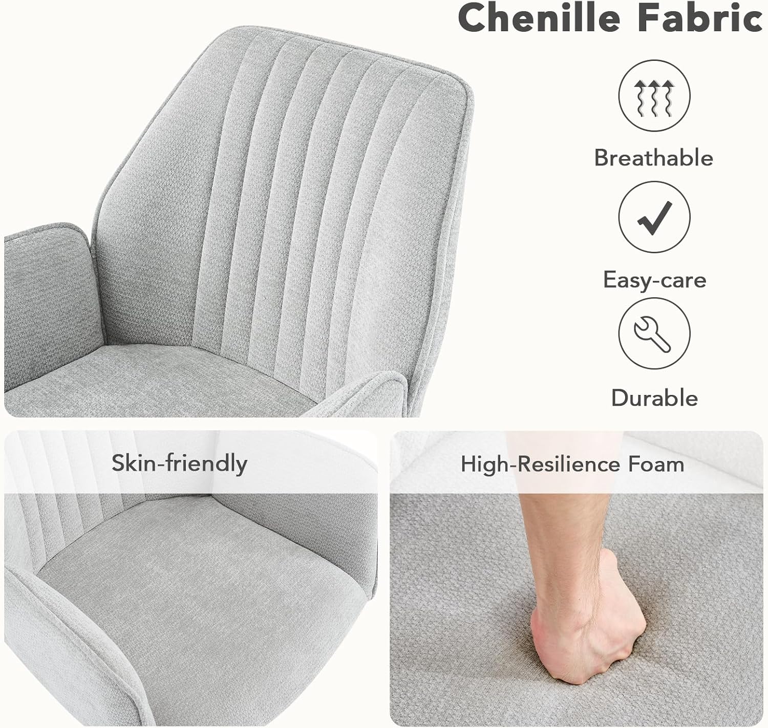 Furniliving 360° Swivel Dining Chairs Set of 2, Modern Upholstered Dining Room Chairs with Thicken Cushion, Style Chair with Arms Swivel Kitchen Chairs for Living Room, Restaurant, Chenille, LightGrey