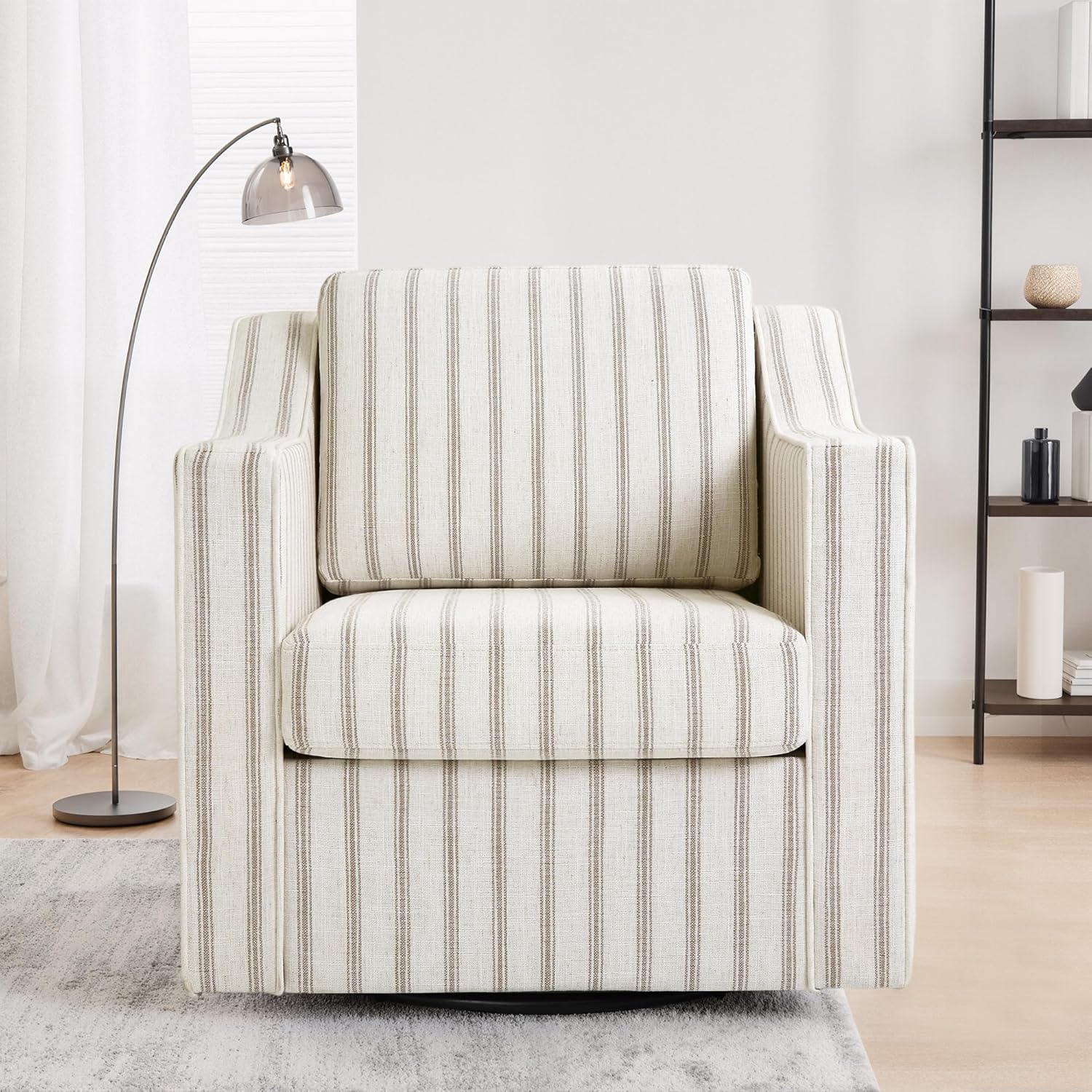 Swivel Accent Chair Set of 2, Fabric Upholstered Arm Chair for Living Room, Modern Club Armchair Comfy Single Sofa Bedroom Reading Seat with Lumbar Pillow - Pinstripe Light Brown