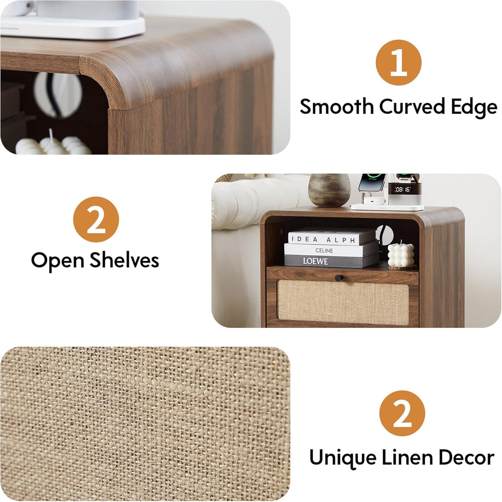 Farmhouse Nightstand with Charging Station, Night Stand with 2 Drawers, Mid-Century End Table with Linen Decor Storage for Livng Room Sofa Couch, Bedroom, Home Office 19.68"x13.77"x23.62"