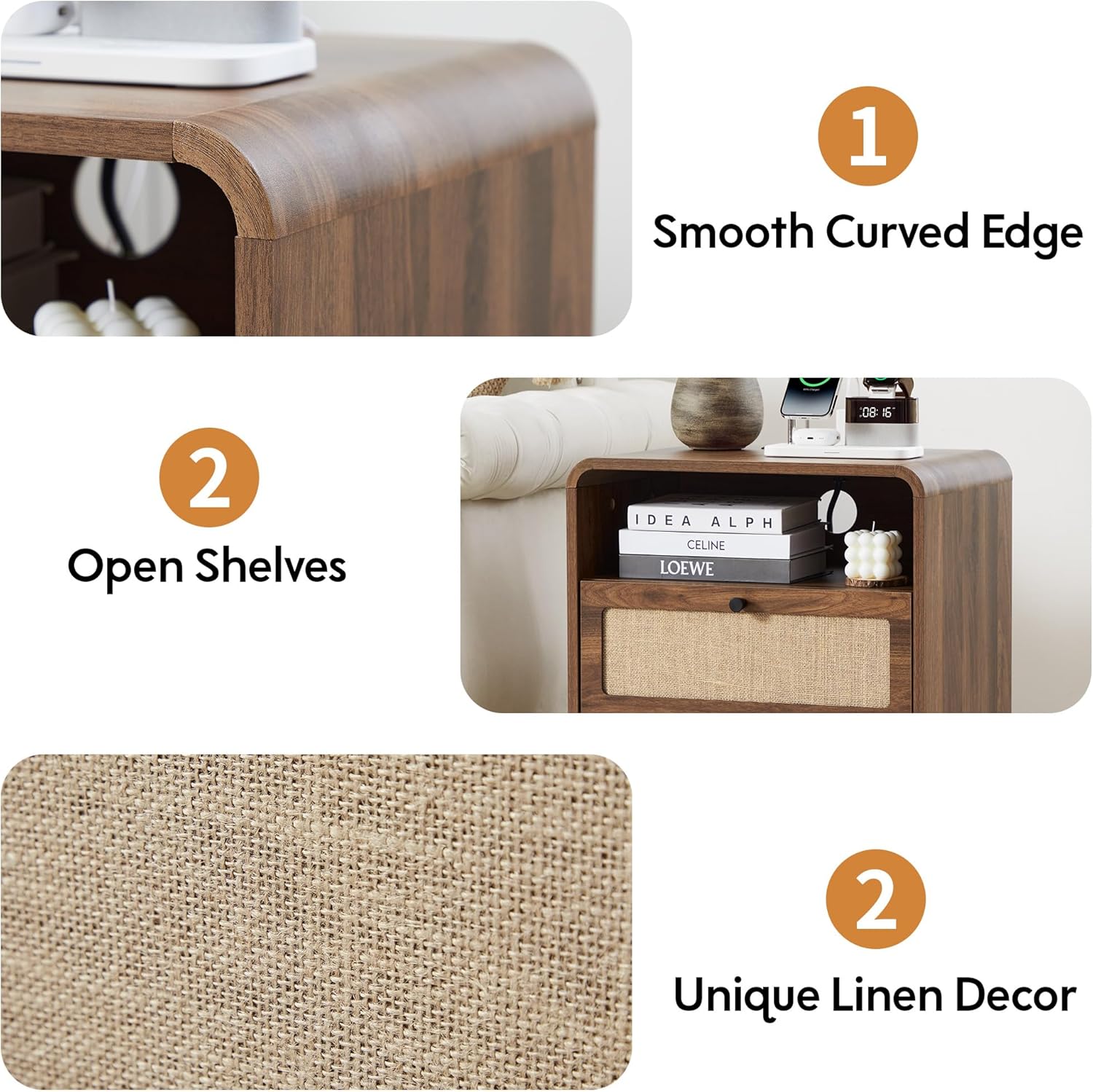 Farmhouse Nightstand with Charging Station, Night Stand with 2 Drawers, Mid-Century End Table with Linen Decor Storage for Livng Room Sofa Couch, Bedroom, Home Office 19.68"x13.77"x23.62"