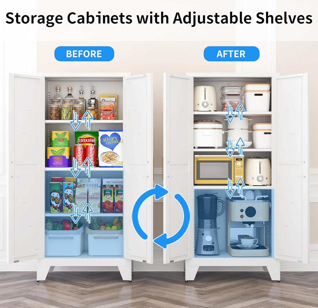 61" Tall Pantry Cabinet, White Metal Pantry Storage Cabinet | Metal Farmhouse Storage Cabinet,Kitchen Pantry Storage Cabinets with 2 Door and 3 Adjustable Shelves