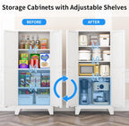 61" Tall Pantry Cabinet, White Metal Pantry Storage Cabinet | Metal Farmhouse Storage Cabinet,Kitchen Pantry Storage Cabinets with 2 Door and 3 Adjustable Shelves
