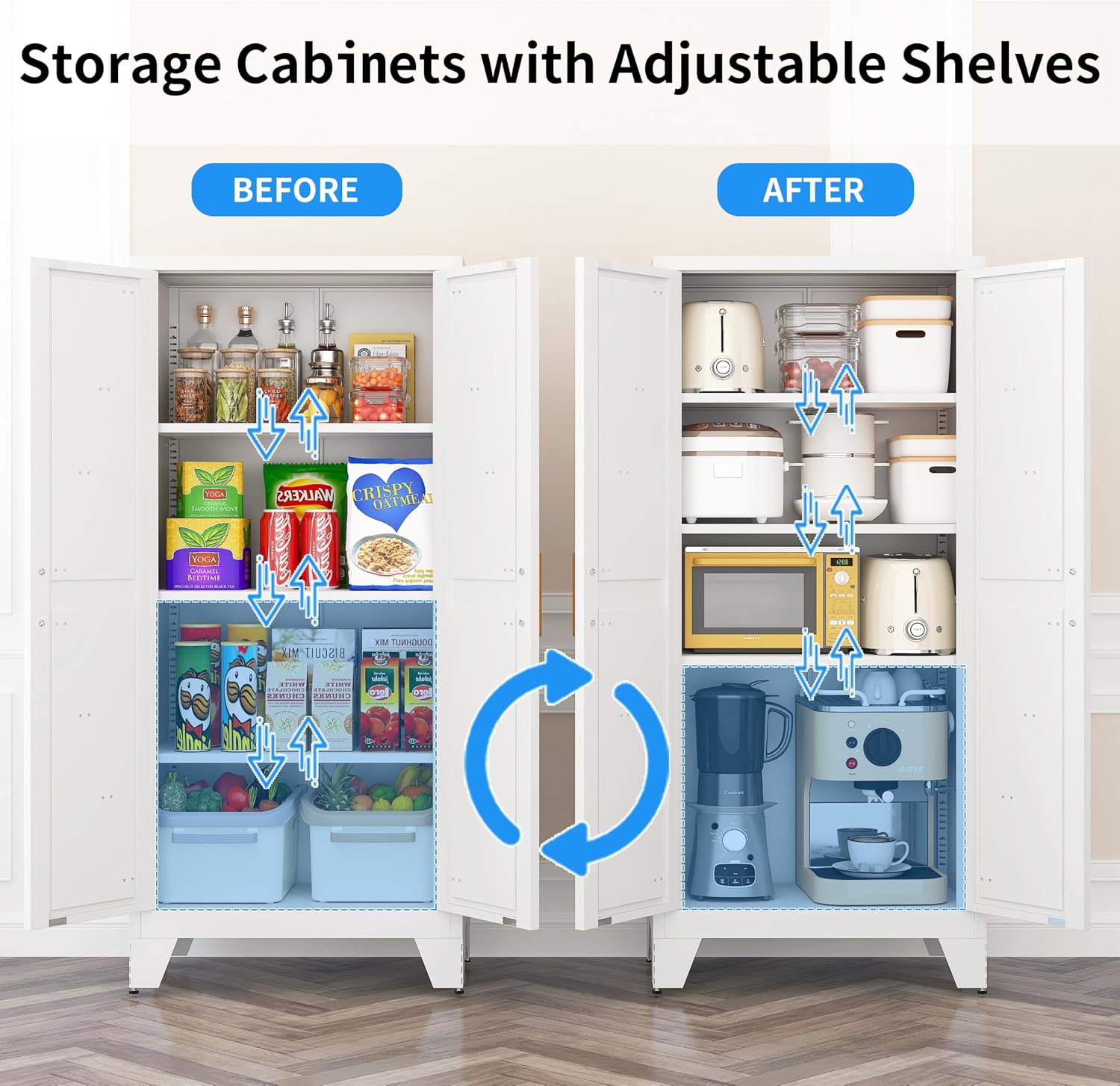 61" Tall Pantry Cabinet, White Metal Pantry Storage Cabinet | Metal Farmhouse Storage Cabinet,Kitchen Pantry Storage Cabinets with 2 Door and 3 Adjustable Shelves