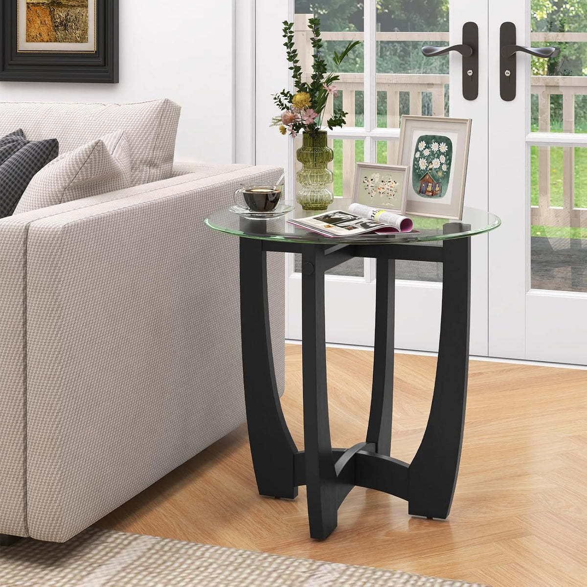 Giantex Glass End Tables Set of 2, Round Side Tables with Rubber Wood Frame & Tempered Glass Top, 23.5" Small Black Coffee Table, Modern Glass Nightstand for Living Room Balcony Bedroom, Easy Assembly