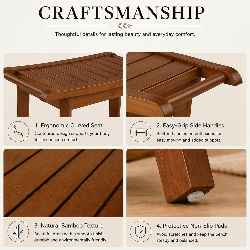 Bamboo Entryway Bench with Storage Shelf, Ergonomic Curved Seat & Side Handles, Walnut Finish Wooden Shoe Bench for Entryway, Bedroom, Bathroom & Living Room, Small Space Seating, Supports 300 LBS