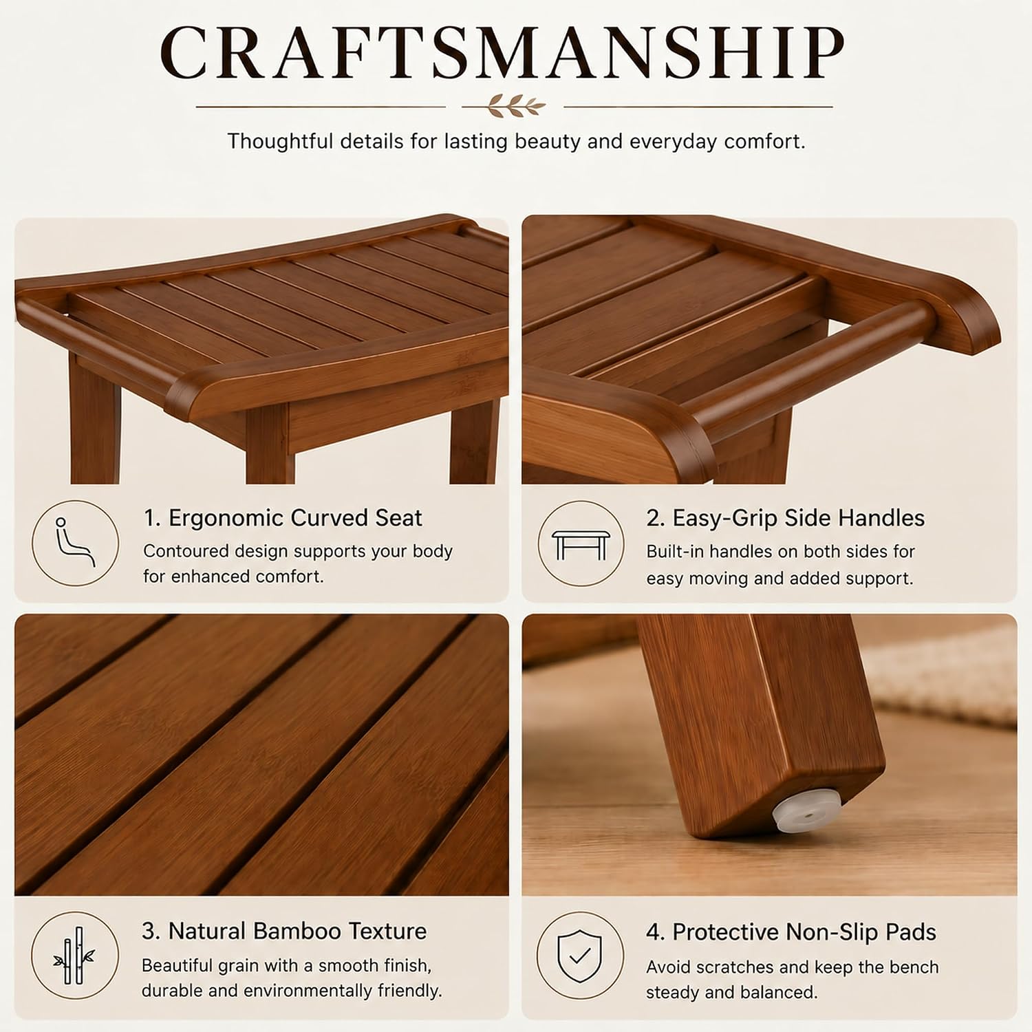 Bamboo Entryway Bench with Storage Shelf, Ergonomic Curved Seat & Side Handles, Walnut Finish Wooden Shoe Bench for Entryway, Bedroom, Bathroom & Living Room, Small Space Seating, Supports 300 LBS