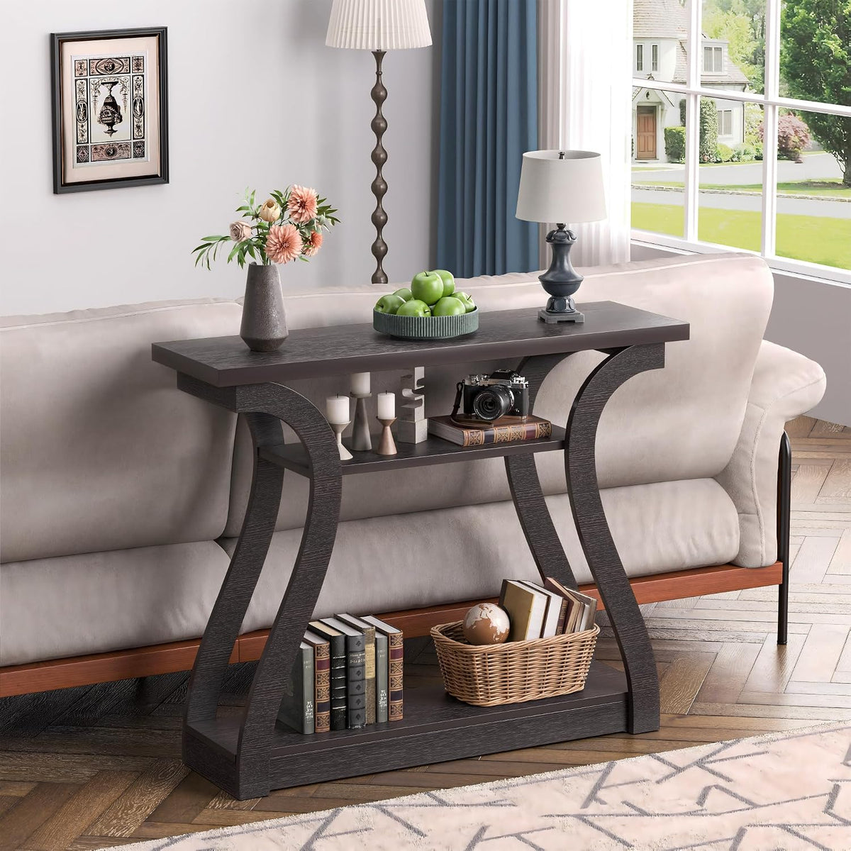 47" Narrow Console Table, Entry Table with Curved Legs, Sofa Table | Wood Console Table 3-tier Shelf Modern Accent Sofa Table for Entrance Area, Living room, Hallway (Brown)