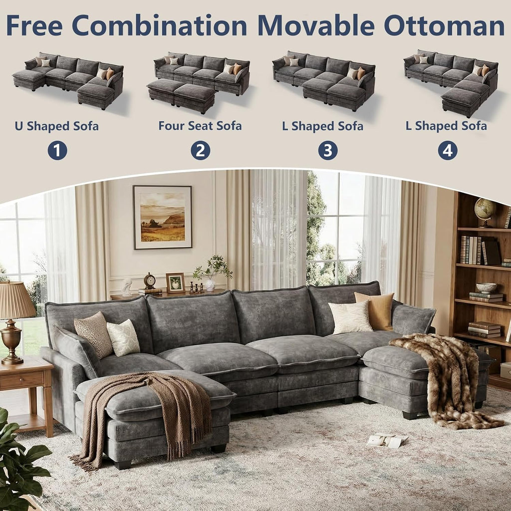 U Shaped Modular Sectional Couch, Comfy Sofa for Living Room | Comfortable Foam Cushions, Sturdy Frame, Appealing Look, Easy Assembly, Soft Chenille Fabric, Movable Ottoman, Dark Gray