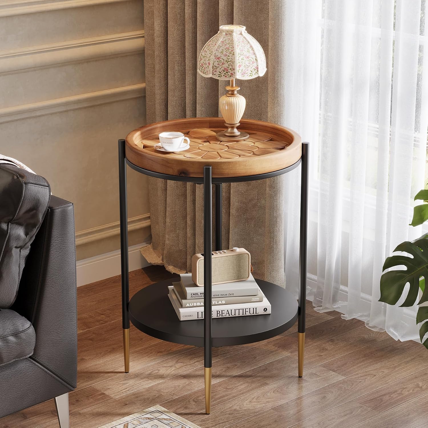 Tribesigns Round Side Table, 2-Tier End Table with Solid Wood and Metal, Industrial Nightstand for Small Spaces, Living Room, Bedroom, Study Room (Rustic Brown)