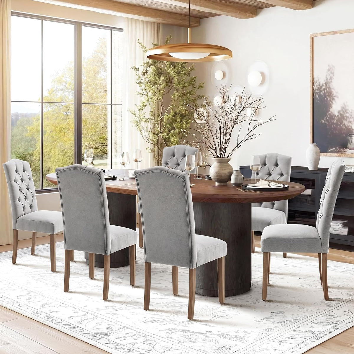 Tufted Upholstered Parsons Dining Chair Set Fabric Diner Accent Stylish Modern Kitchen Living Room with Button Sturdy Solid Wood Legs, 6-Pack