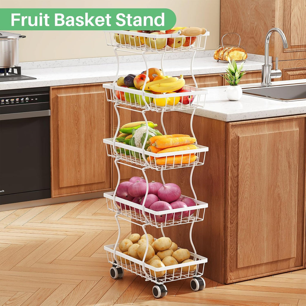 SAYZH 5-Tier Fruit Basket Stand with Vegetable Baskets for Kitchen, White | Stackable Metal Wire Basket, Sturdy Rolling Storage Carts for Kitchen, Pantry Organizer, Snack and Jar Storage
