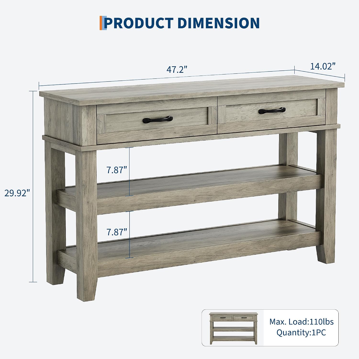 GarveeHome Entryway Table, Console Table with 2 Storage Drawers, 3 Tier Farmhouse Wooden Sofa Table, Hallway Tables for Entryway, Living Room-Grey