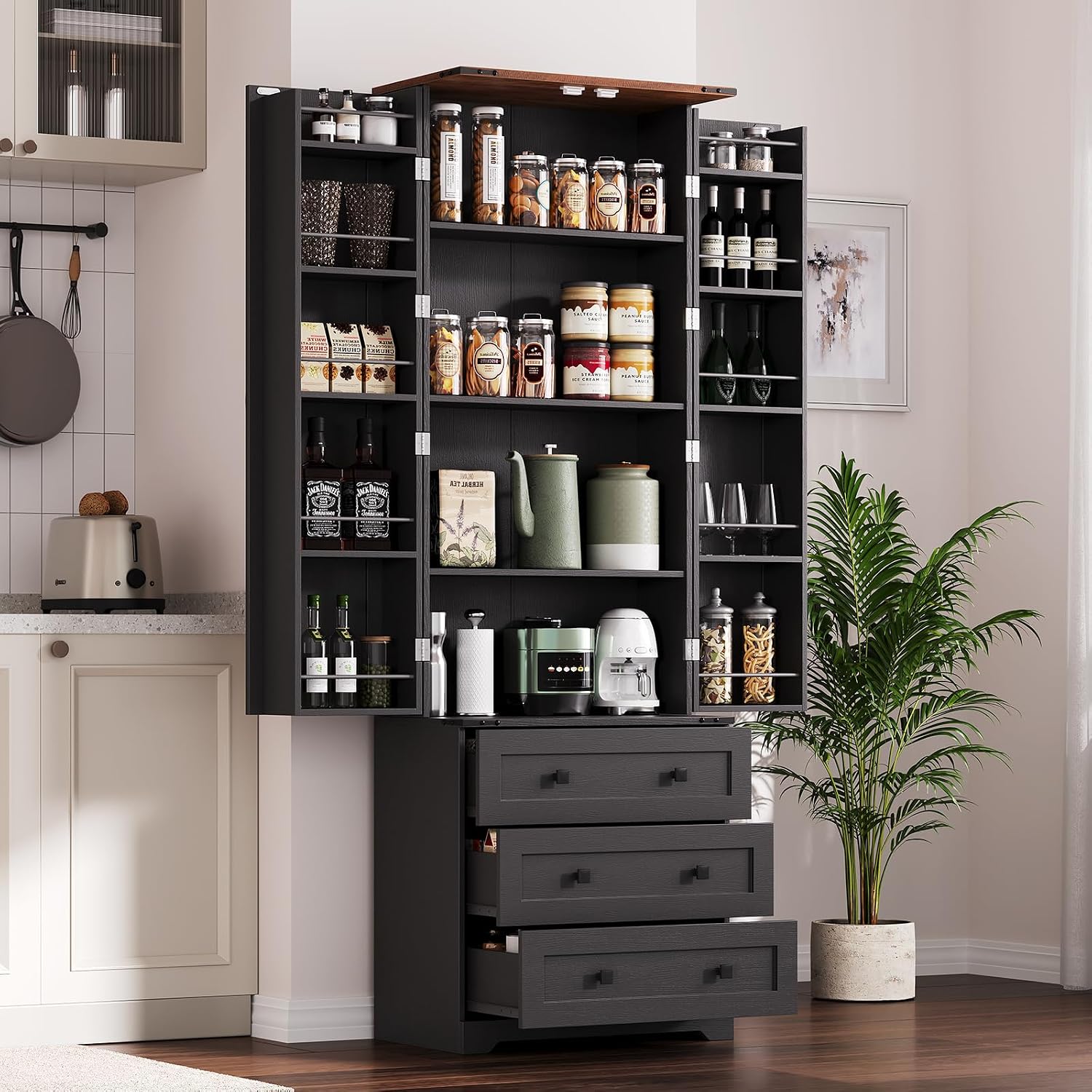 IDEALHOUSE Farmhouse Kitchen Pantry Cabinet - 72" Tall Large Wood Kitchen Storage Cabinets with Adjustable Shelves & 2 Barn Doors & 3 Drawer, Versatile Storage for Dining Room, Bathroom, Living Room