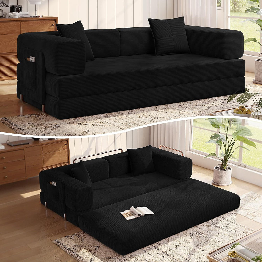 MoonSpeak 78.8'' Futon Sofa Bed, Couches for Living Room | Corduroy Convertible Futon Sofa Bed with Storage Pocket, Modular Sleeper Couch in a Box, No Assembly (Black)