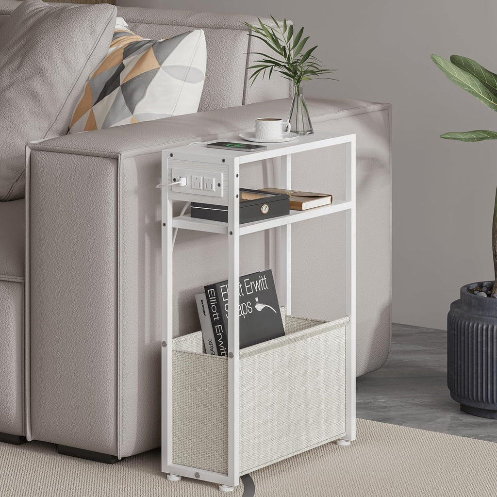 Leomonio White Side Table with Charging Station, Slim End Tables with Linen Basket, Skinny Table for Small Spaces, Thin Bedside Table for Living Room, Bedroom