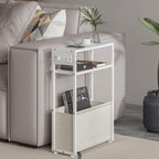 Leomonio White Side Table with Charging Station, Slim End Tables with Linen Basket, Skinny Table for Small Spaces, Thin Bedside Table for Living Room, Bedroom