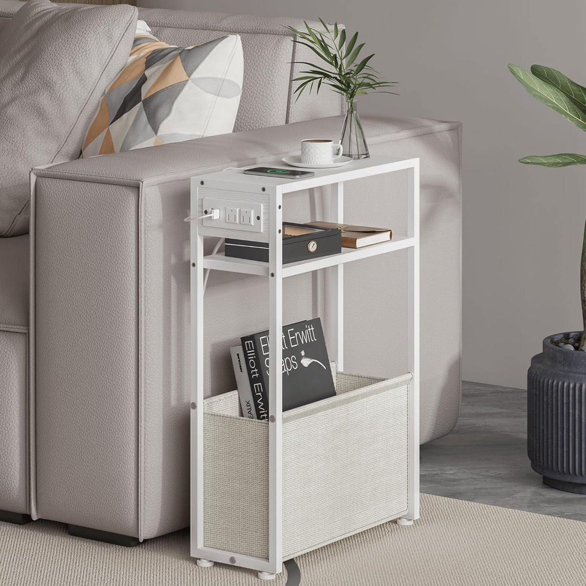 Leomonio White Side Table with Charging Station, Slim End Tables with Linen Basket, Skinny Table for Small Spaces, Thin Bedside Table for Living Room, Bedroom